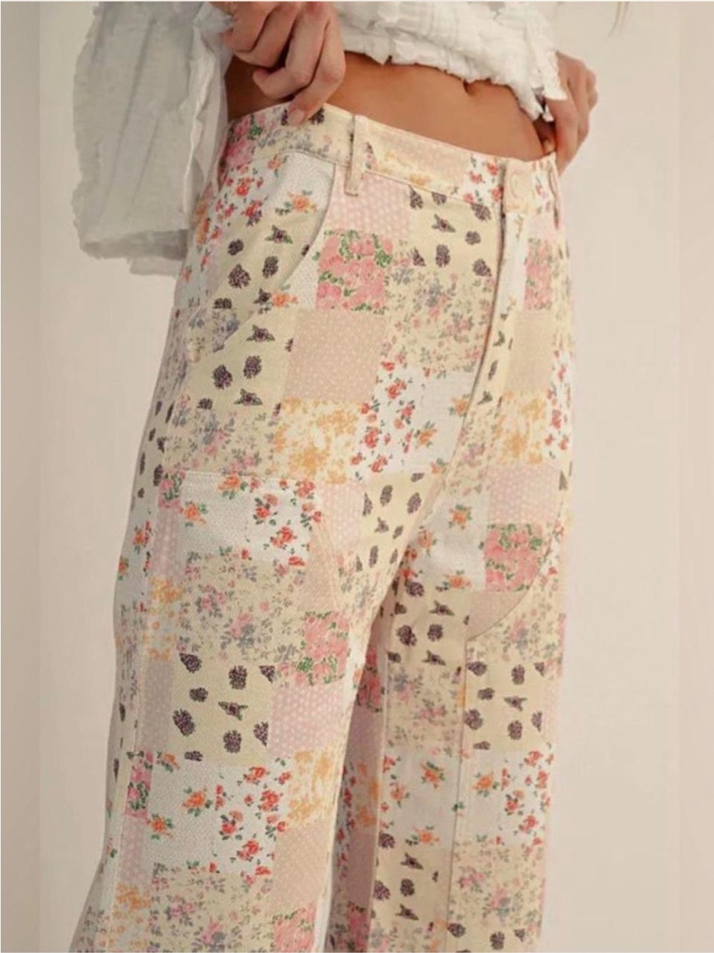 Pastel Floral Patchwork Wide-Leg Pants in Cream & Pastel - Picture 4 of 7